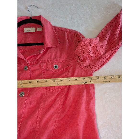Chicos Jacket Womens‎ Medium Linen Cotton Lace Sleeve Pink Button Down Boho Chic - Picture 6 of 8